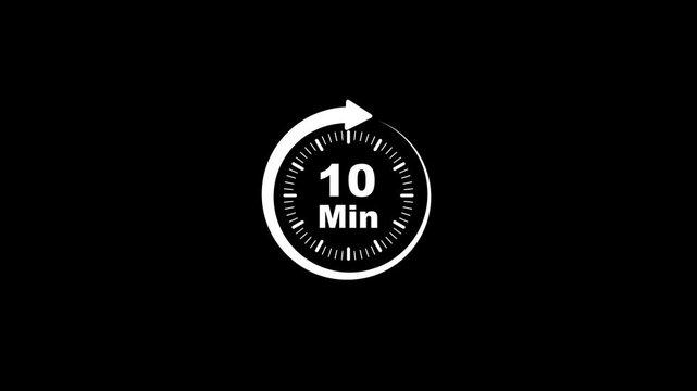 Animation video timer icon with 10 min. The 10 minutes, stopwatch icon. Stopwatch icon in flat style. 10 minute timer symbol, isolated on transparent background with alpha channel.