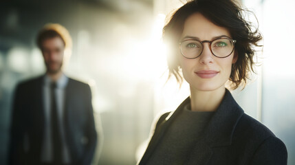 Two professionals discussing in a modern office, conveying collaboration and strategic thinking.