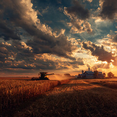 Fototapeta premium Harvest Time: Combine Harvester at Sunset