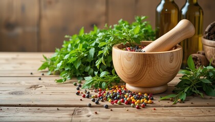 Rustic Kitchen Still Life: Wooden Mortar and Pestle with Herbs and Spices