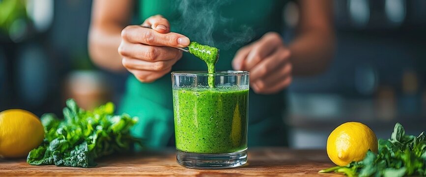 Preparing a healthy green smoothie with fresh ingredients for vibrant wellness - Powered by Adobe