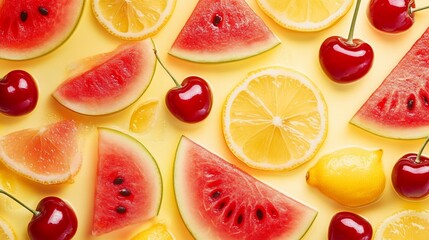 Vibrant assortment of fresh summer fruits, including watermelon, cherries, grapefruit, and lemon slices displayed on a bright yellow backdrop