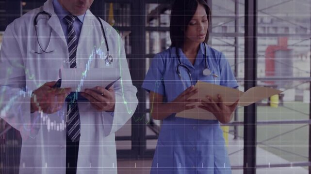 Physician and nurse shifting documents while consulting records and displaying health chart overlay