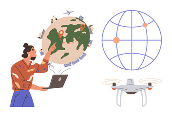 Woman points at map from laptop, surrounded by transportation, location pins, and drone. Ideal for navigation, technology, logistics, innovation global trade travel connectivity. Simple flat