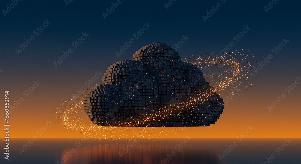 Poster cloud computing: a dynamic digital cloud shimmers with particles, symbolizing connectivity and techn