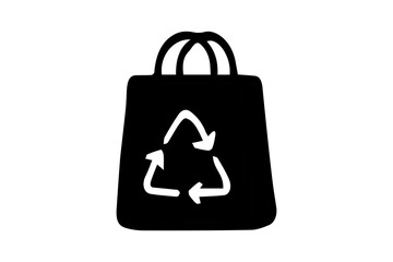 The image shows a black silhouette of a shopping bag with handles. In the center of the bag is a white recycling symbol made up of three arrows forming a triangle.