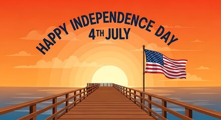 Happy Independence Day Illustration with American Flag and Pier at Sunset
