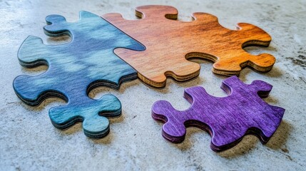 Colorful puzzle pieces arranged on a surface.