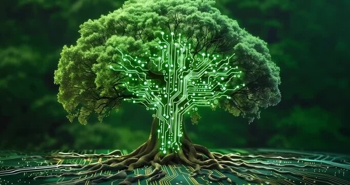 An artistic depiction of a tree with a canopy formed of glowing circuit patterns on a printed circuit board, symbolizing the fusion of nature and technology