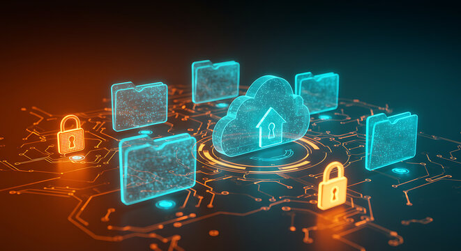 Secure Cloud Data Storage: A futuristic illustration depicting secure cloud data storage, showcasing data files protected by digital locks on a circuit board.