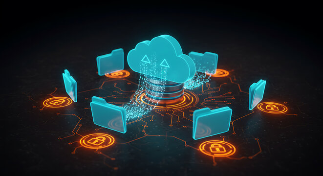 Cyber Cloud Harmony: A vibrant composition of data and connection, represented by a radiant cloud at the center of data folders. The image presents a modern take on digital infrastructure.