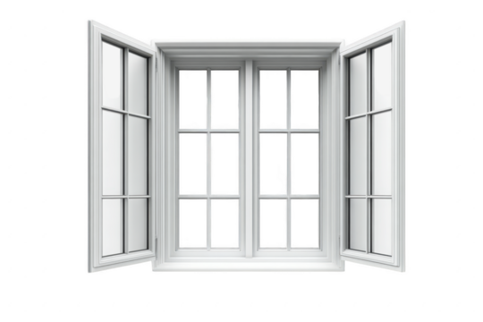 White window frame with multiple panes isolated on transparent background
