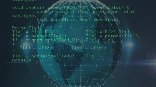 On startup rotating wireframe globe with scrolling C++ code demonstrating network request flow