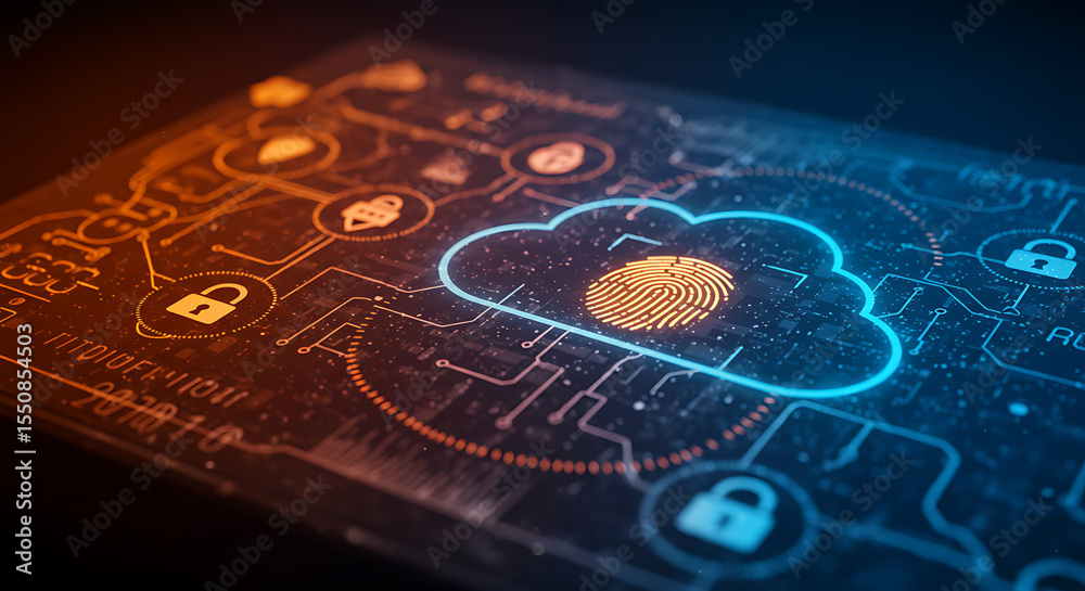 Poster digital cloud security: a dynamic digital art piece visualizing the secure realm of cloud computing.