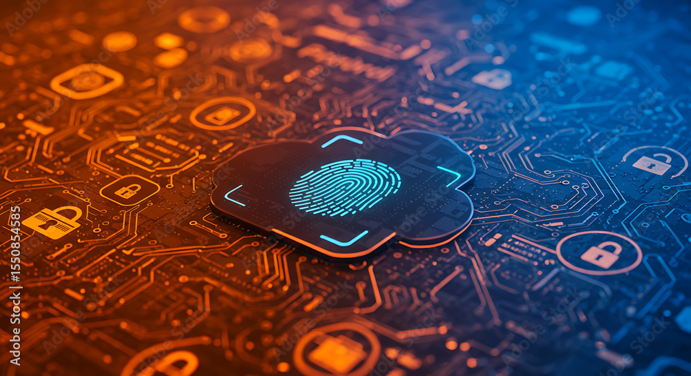 Poster data security: a close-up shot revealing intricate circuit board patterns, an illuminated fingerprin
