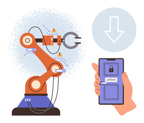 Automation robot arm linked to mobile app with unlock button. Highlights remote control, security, and technology. Ideal for innovation, smart devices, robotics, automation, IoT engineering