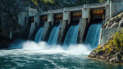 a picturesque hydroelectric dam with crystal-clear water flowing through it, 
