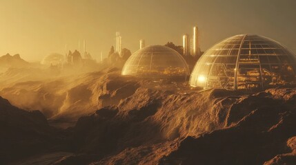 Martian city with transparent domes nestled amongst red rock formations.