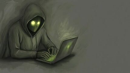 Masked figure working on a laptop in a dark, dimly lit environment.
