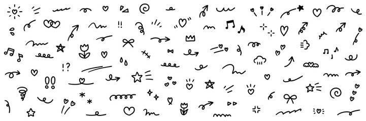 手書きの飾りイラストのベクターイラストセット。手描き、集中線、花、落書き、ハート、星