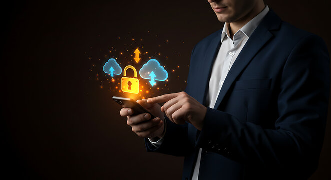 Digital Fortress: A sharp businessperson interacts with a holographic representation of a secure digital environment on their phone, showcasing cyber security.