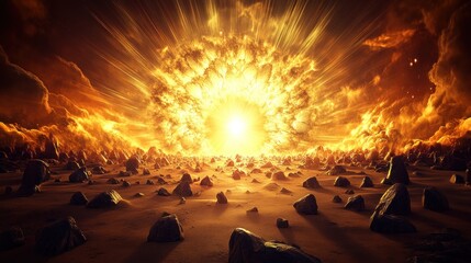 Massive explosion over desolate landscape.
