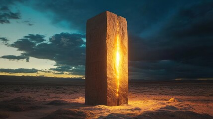 Massive, glowing, stone obelisk in a desert landscape at sunrise.