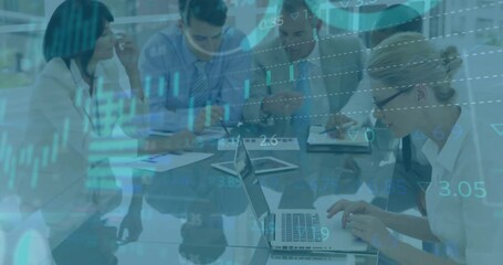 Five business team leaning over laptop charts receiving overlaying finance graphs analyzing trends - Powered by Adobe