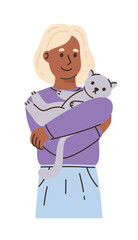 Happy woman holding a cat. Flat vector illustration.