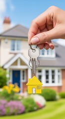 Female Hand Holding House Keys with Yellow House Keychain in Front of a Home
