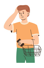 Fototapeta premium Male buyer choosing goods in retail store. Concept of choosing goods. Flat vector illustration.
