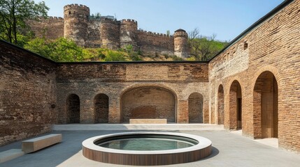 Fototapeta premium Courtyard with a round basin and arched walls.