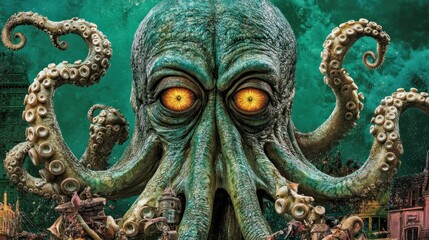 Massive, monstrous octopus with glowing eyes, overlooking ruined, decaying city structures.