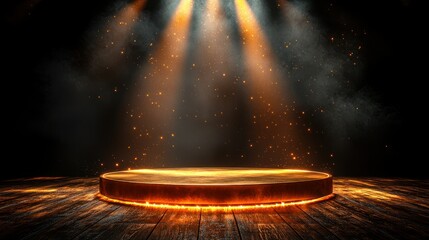 Empty circular wooden stage, lit by spotlights, with fiery base