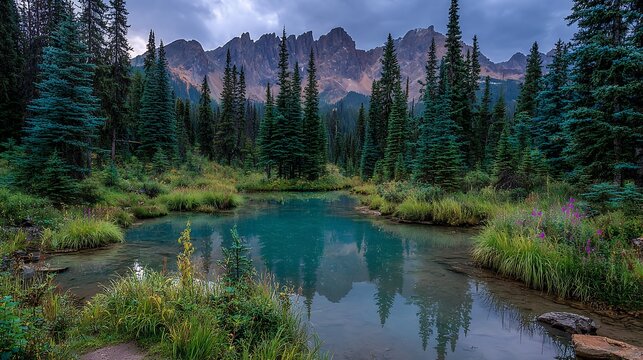 Mountain lake with clear water reflection