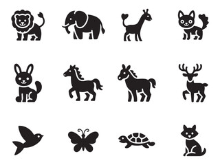 A collection of simple, black silhouette icons representing various animals, including a lion, elephant, giraffe, cat, rabbit, horse, deer, bird, butterfly, and turtle vector art on white