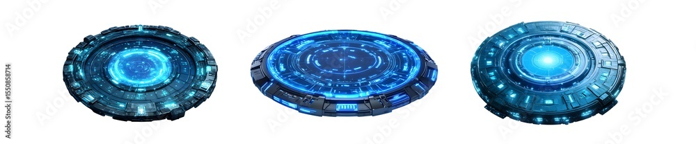 Poster set of futuristic circular objects with glowing blue light effects. isolated on transparent backgrou