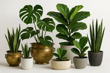 Obraz premium Elegant collection of vintage brass planters and contemporary ceramic pots with exotic houseplants