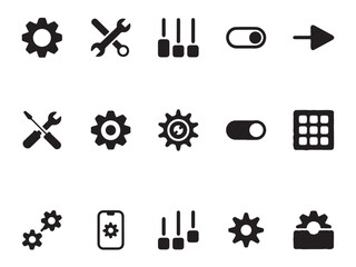 A collection of various simple, black and white interface icons, such as gears, tools, switches, arrows, and a grid, suitable for depicting settings, options, and configurations in software vector art