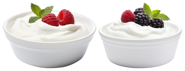 PNG Two bowls of yogurt topped with berries and mint leaves element set on transparent background.