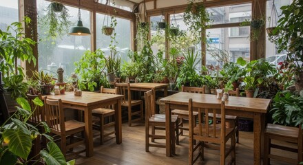 Fototapeta premium Serene Greenhouse Cafe: Wooden Tables Amidst Lush Greenery