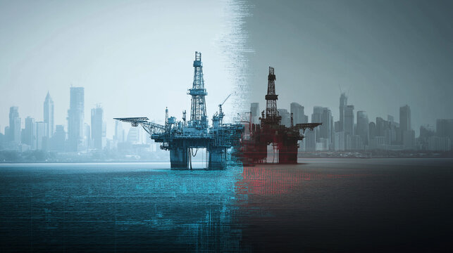 Oil extraction graphs visual insights of offshore drilling platforms amid urban skyscapes