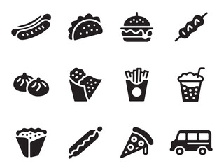 a set of simple, solid black icons representing various fast food items vector art on white