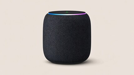 Modern black smart speaker with glowing ring on neutral background
