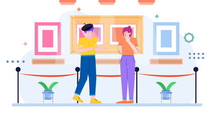 Two people view artwork in a modern art gallery. Suitable for blogs, articles, social media posts, and design projects.