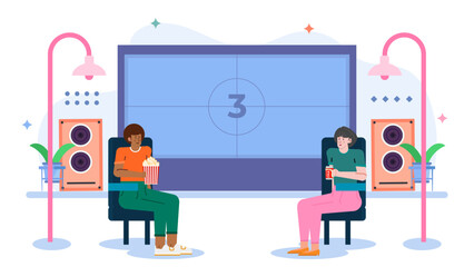 Two people enjoying snacks while watching a movie on a large screen. Suitable for entertainment, family, leisure, and movie night concepts.
