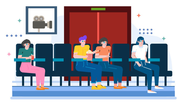 Four people at movie theater snacks, suitable for cinema advertising, movie reviews, family entertainment blog, movie nights at home.