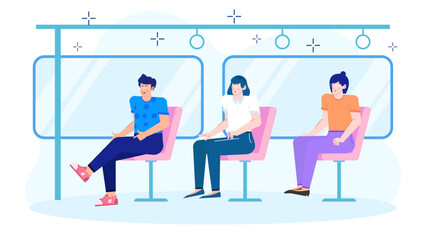 Three people on a bus. Ideal for transportation, commuting, public transport, urban lifestyle, city life, passengers, multicultural diversity concept.