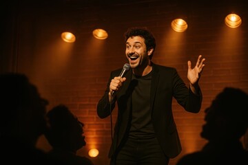 Stand-up comedian performing on stage with spotlight creating dramatic shadows for intimate audience