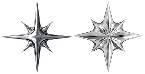 Obraz premium PNG Two metallic, star-shaped 3D objects with reflective surfaces element set on transparent background.